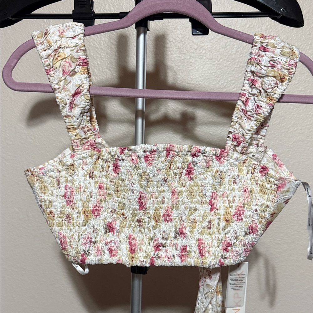 MINKPINK Floral Smocked Top in Pink and Cream